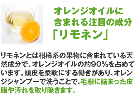 オレンジオイルに含まれる注目の成分「リモネン」 リモネンとは柑橘系の果物に含まれている天然成分で、オレンジオイルの約90％を占めています。頭皮を柔軟にする働きがあり、オレンジシャンプーで洗うことで、毛根に詰まった皮脂や汚れを取り除きます。